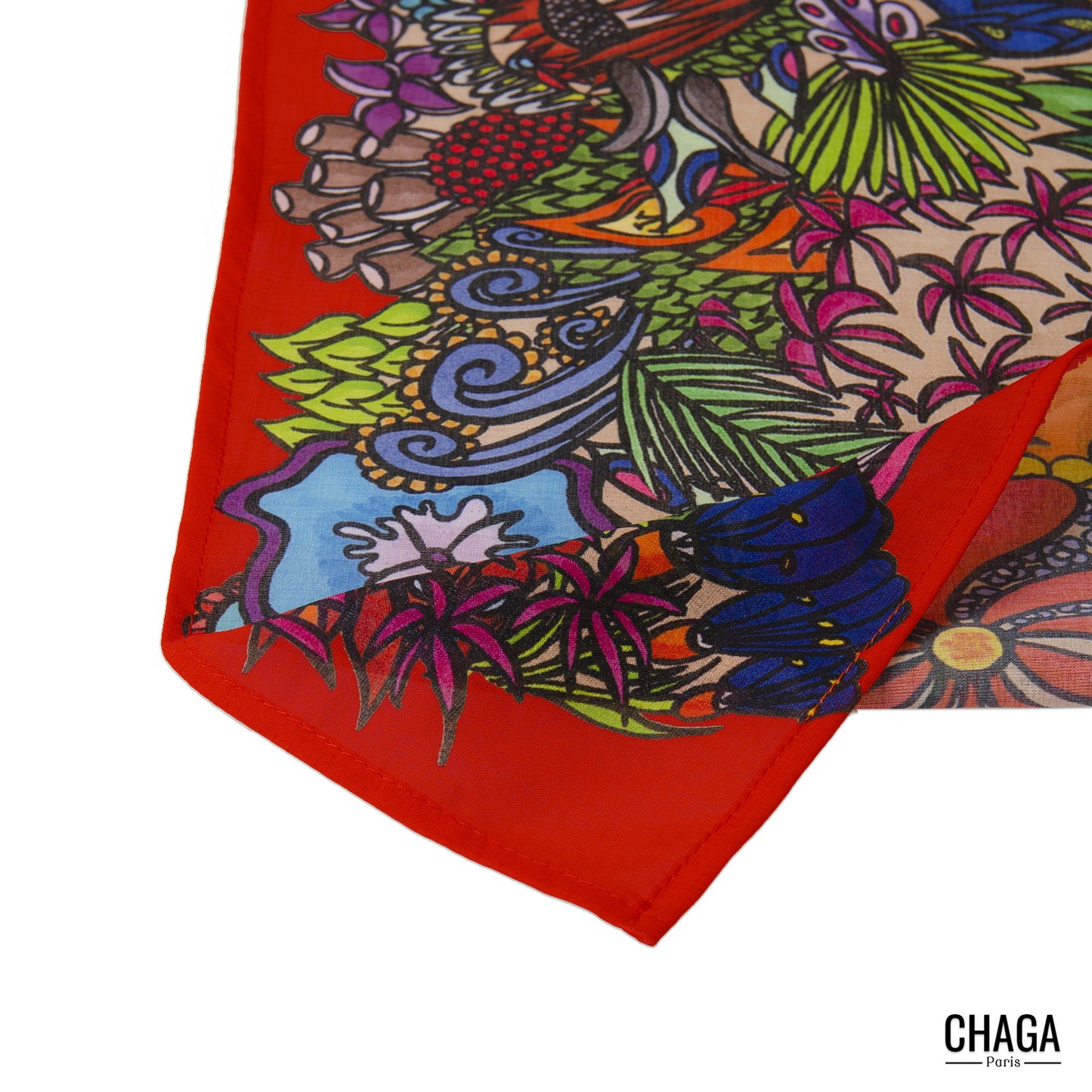 Foulard en voile léger 47 X 47 CHAGA Paris - Motif Grenouille rouge