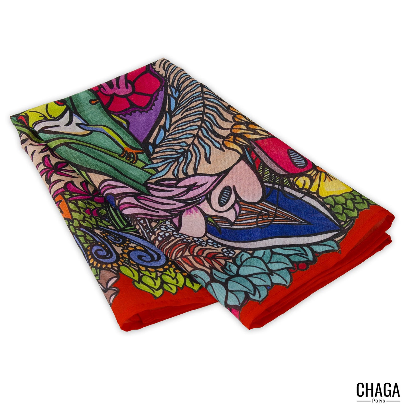 Foulard en voile léger 47 X 47 CHAGA Paris - Motif Grenouille rouge