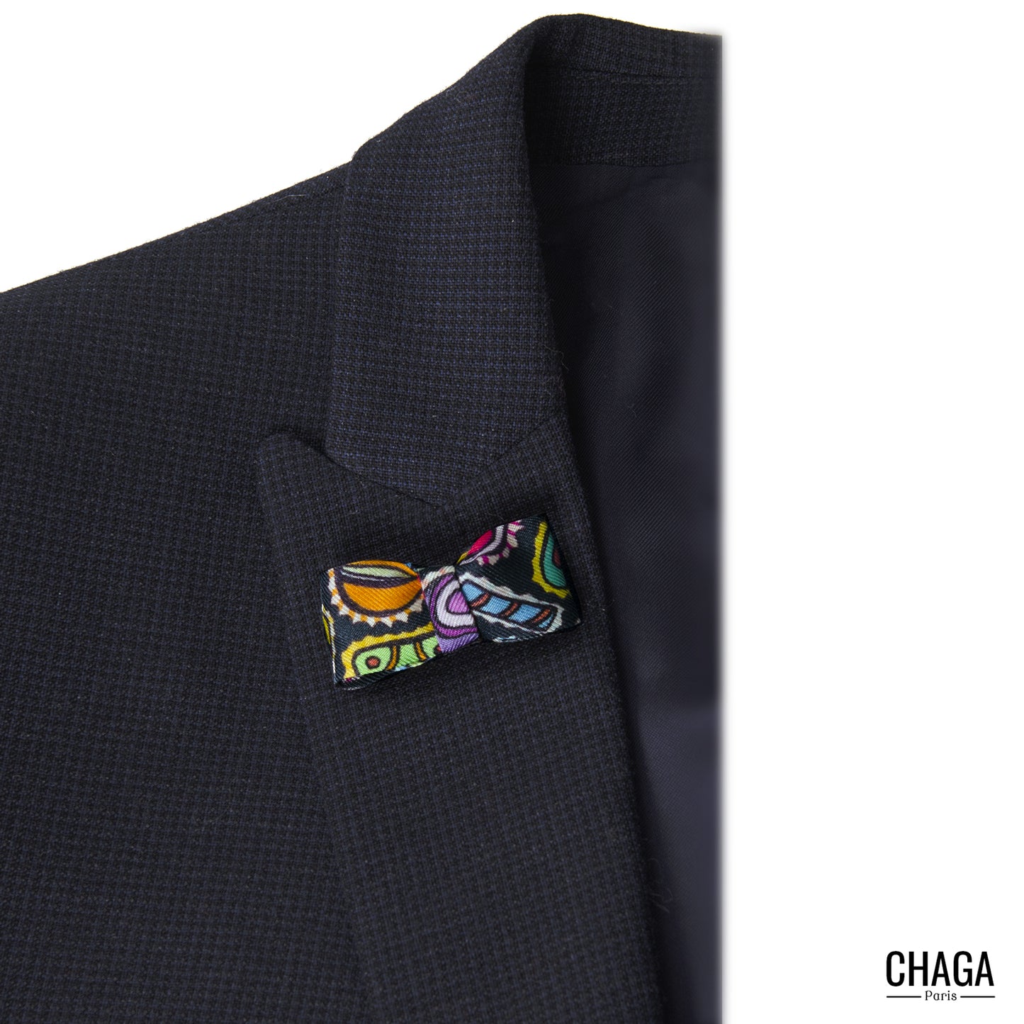 Coffret 3 Noeuds papillon en soie blazer CHAGA Paris - Motif Nénusphères Jungle Gourmandises marine