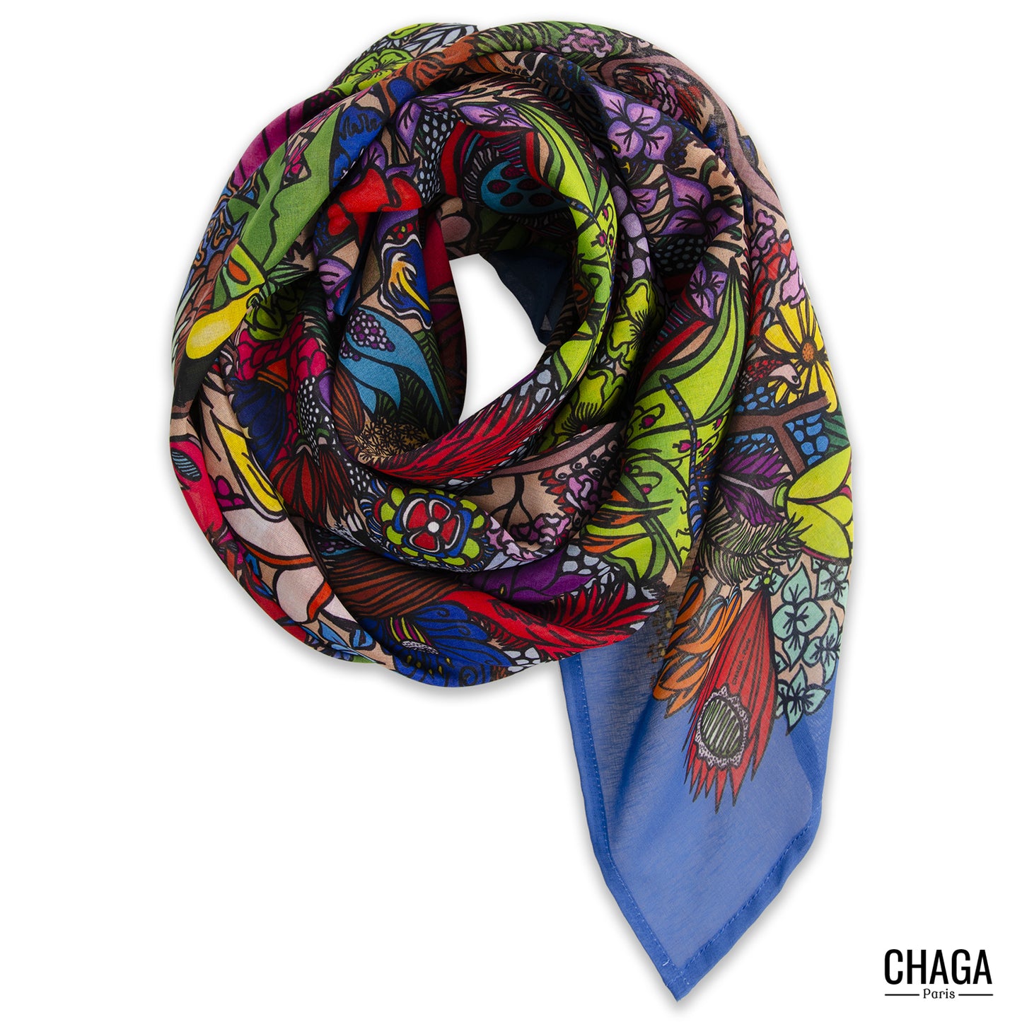 Foulard en voile léger 145 X 145 CHAGA Paris - Motif Jungle bleu jeans