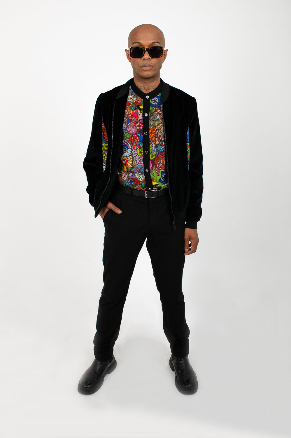 Bomber unisexe velours et soie CHAGA Paris - Motif Jungle et noir uni