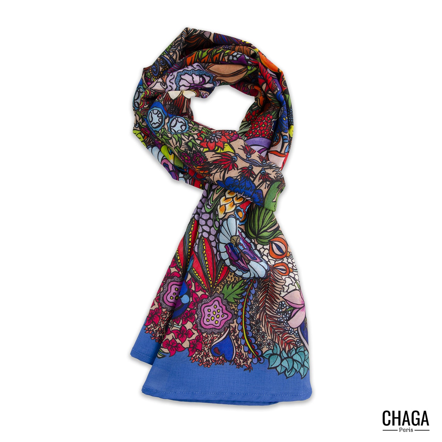 Foulard en voile léger 170 X 70 CHAGA Paris - Motif Jungle bleu jeans