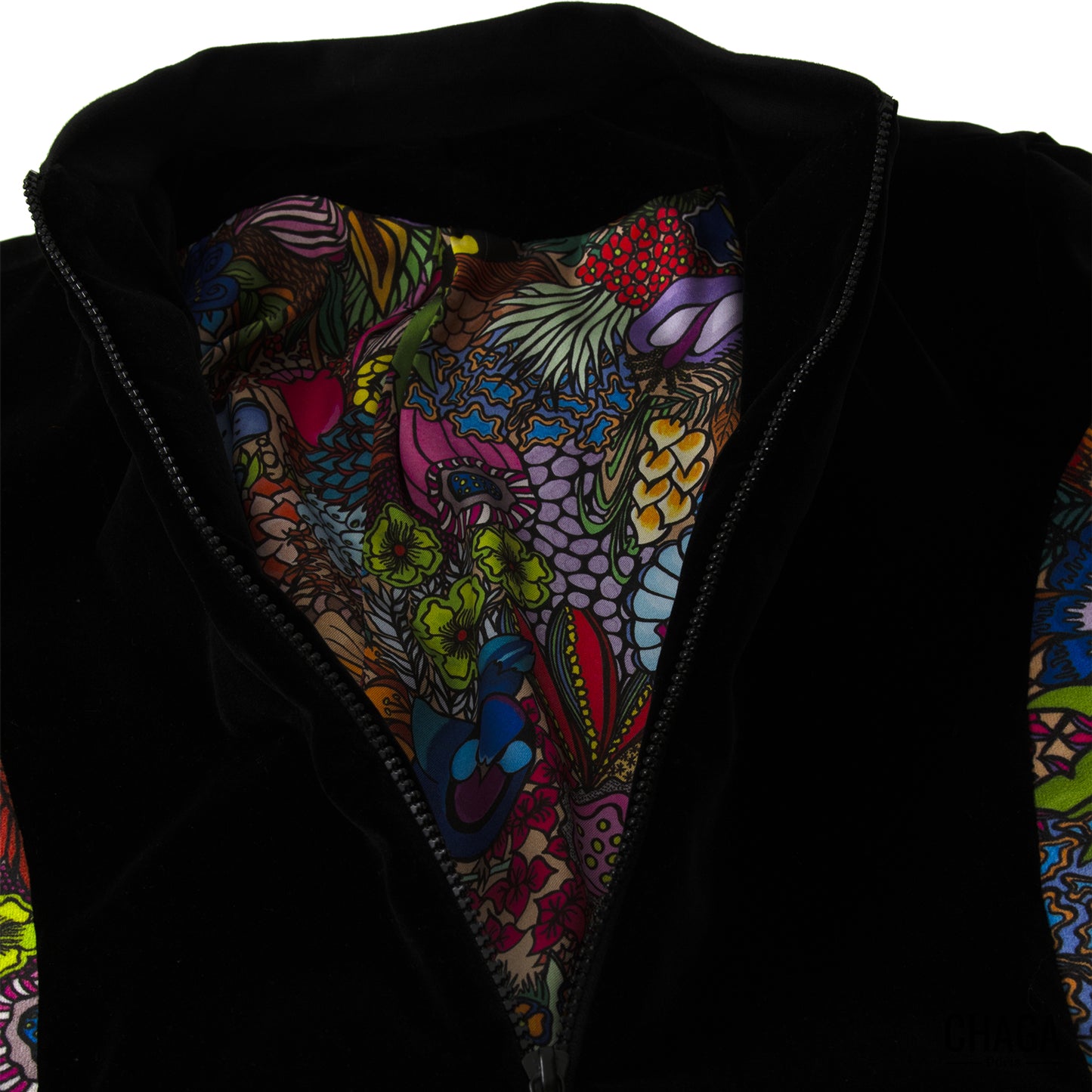 Bomber unisexe velours et soie CHAGA Paris - Motif Jungle et noir uni