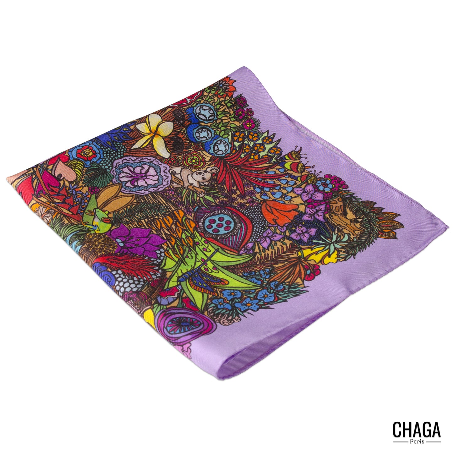 Pochette en soie homme 45 CHAGA Paris - Motif Jungle lilas