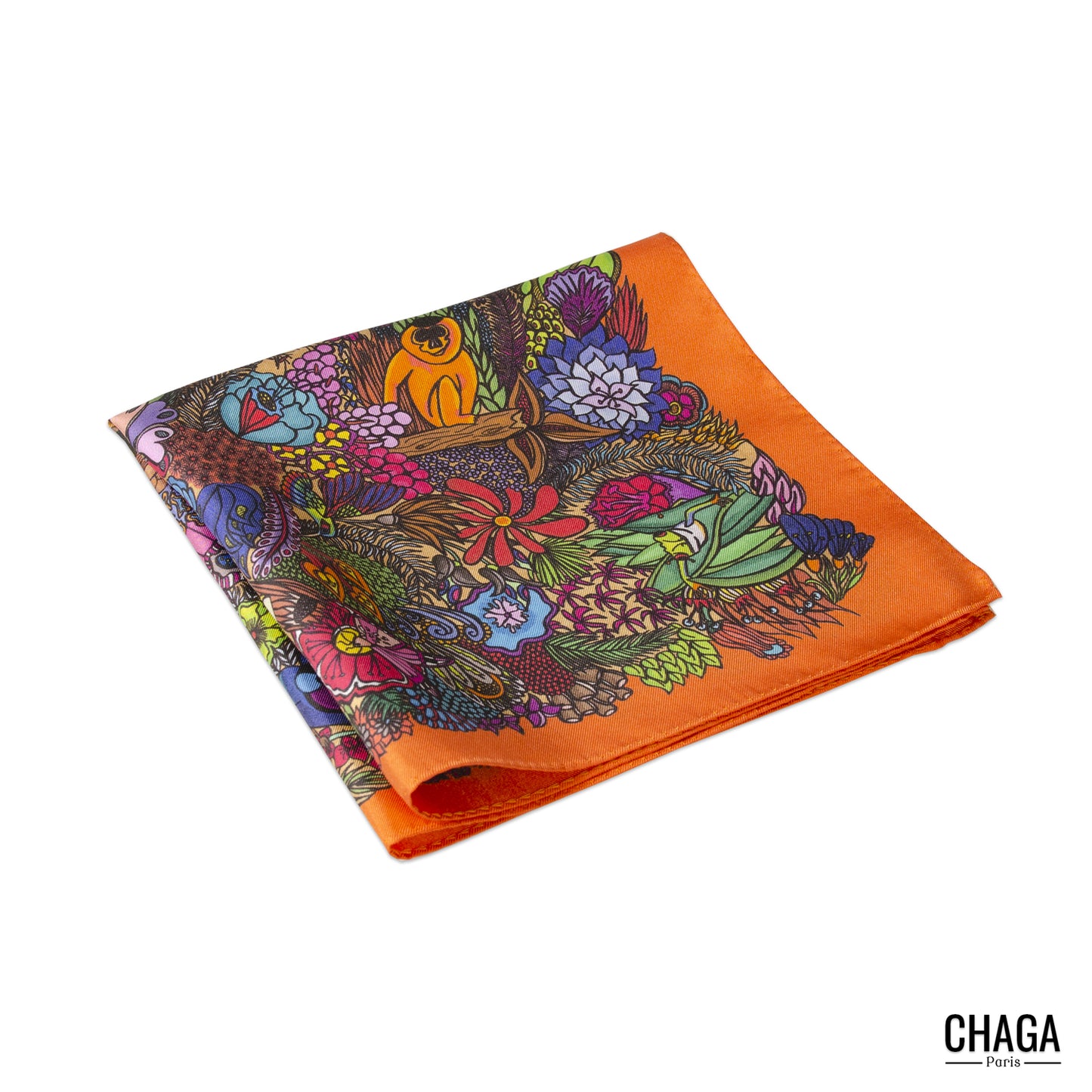 Pochette en soie homme 40 CHAGA Paris - Motif Jungle orange