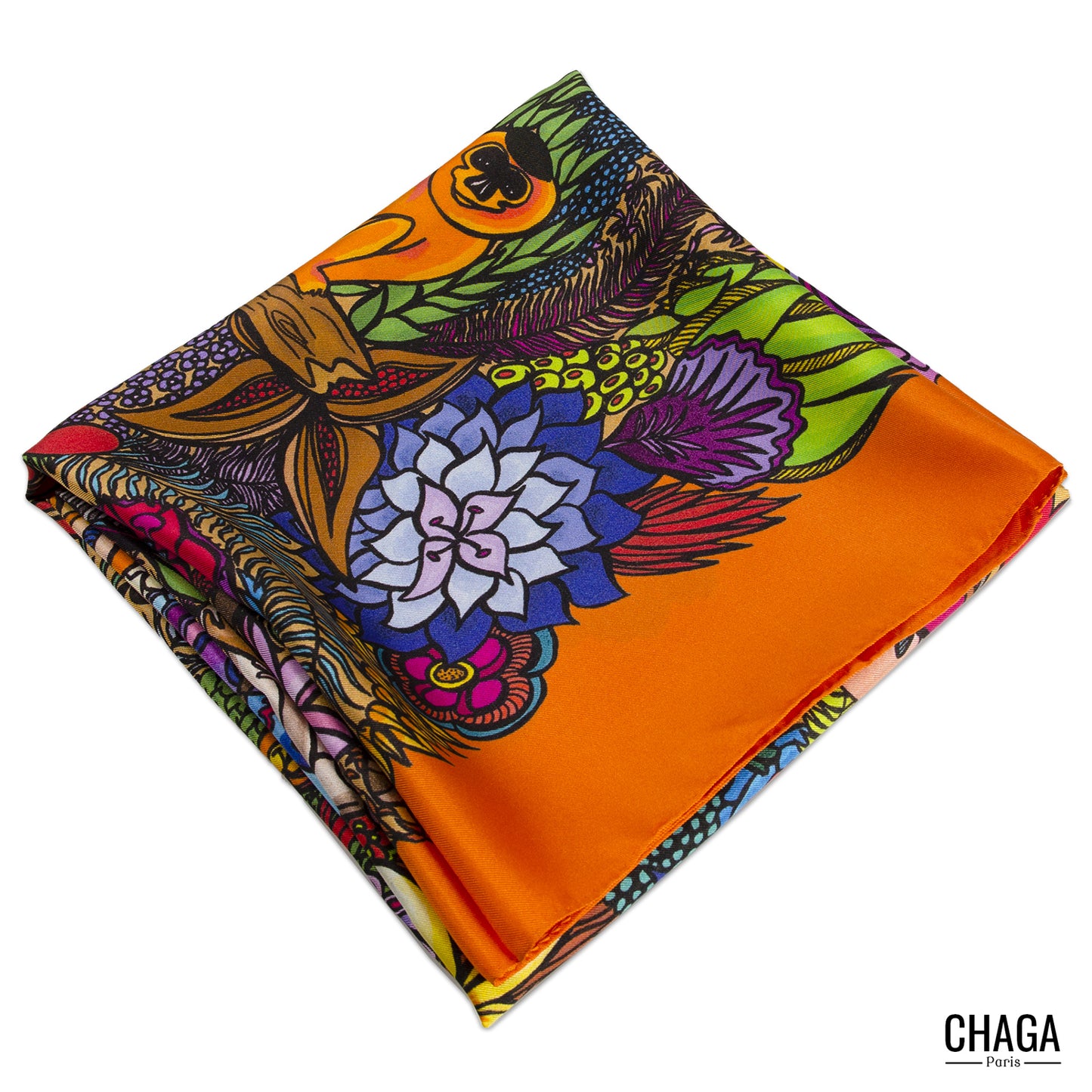 Carré de soie femme 90 CHAGA Paris - Motif Jungle orange