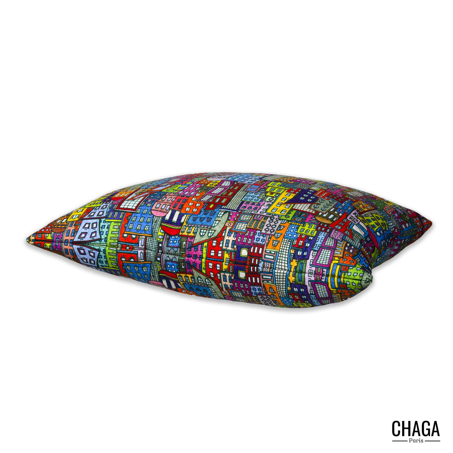 Coussin de créateur en natté brossé CHAGA Paris - Motif ville