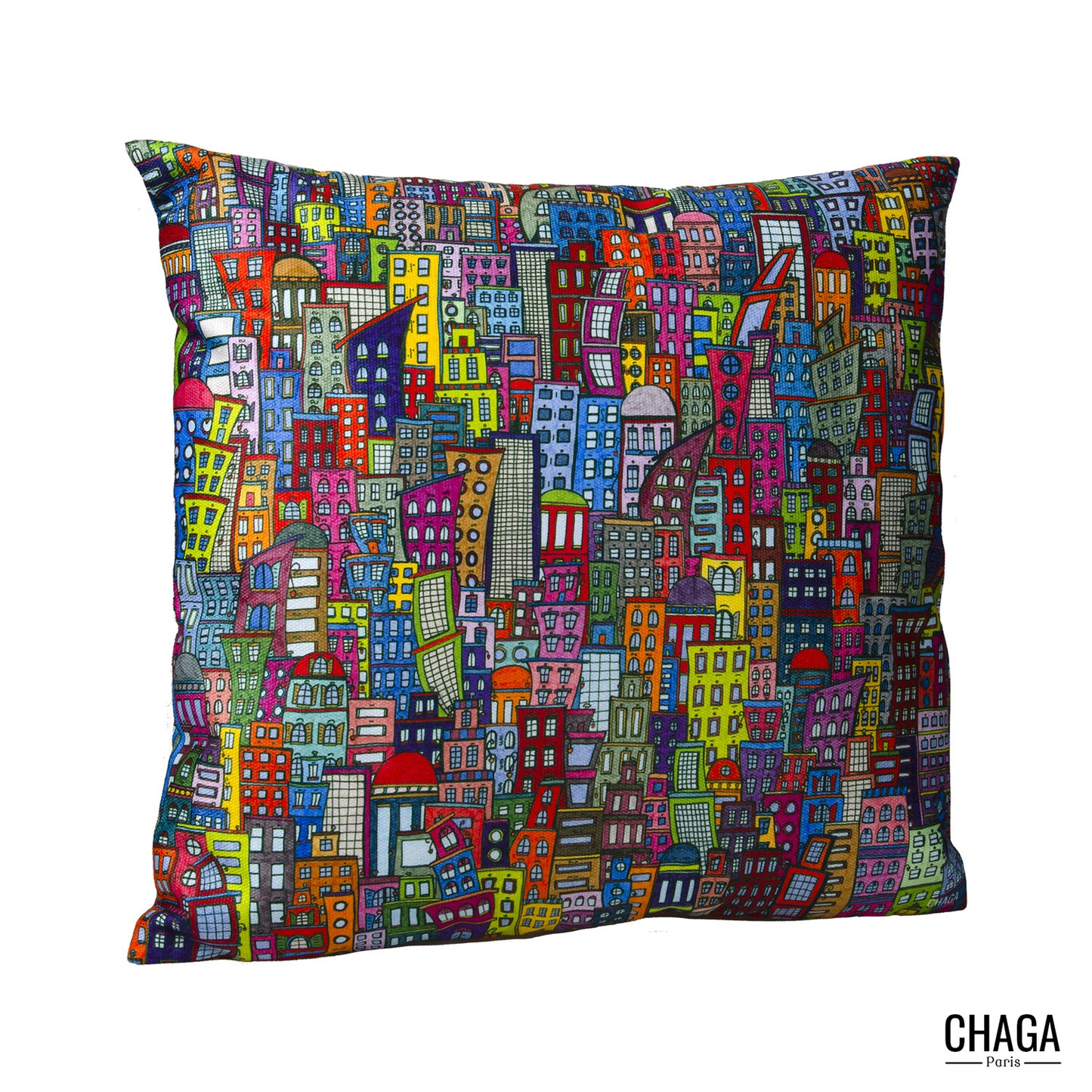 Coussin de créateur en natté brossé CHAGA Paris - Motif ville