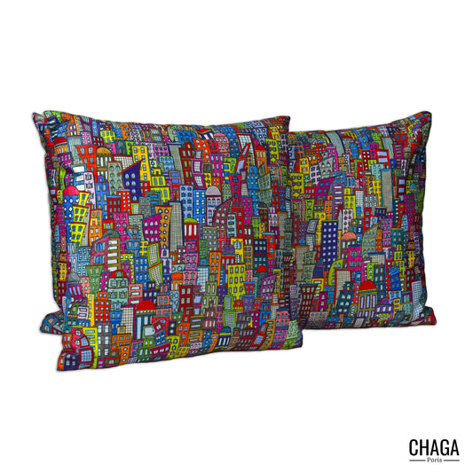 Coussin de créateur en natté brossé CHAGA Paris - Motif ville