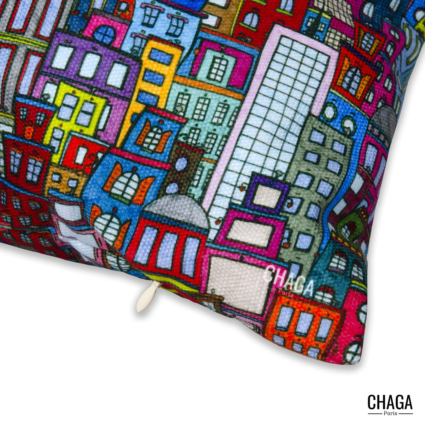 Coussin de créateur en natté brossé CHAGA Paris - Motif ville