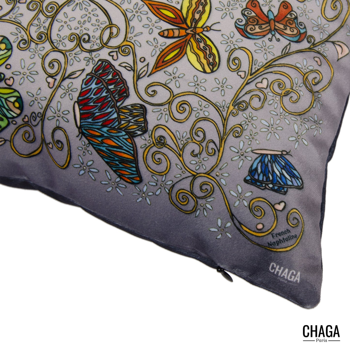 Coussin de créateur en velours CHAGA Paris - Motif Chagaline gris