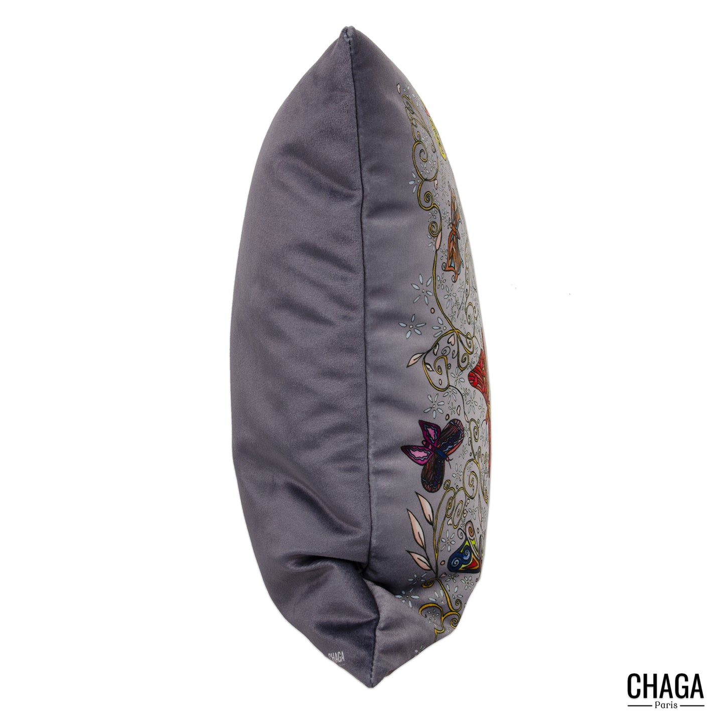 Coussin de créateur en velours CHAGA Paris - Motif Chagaline gris