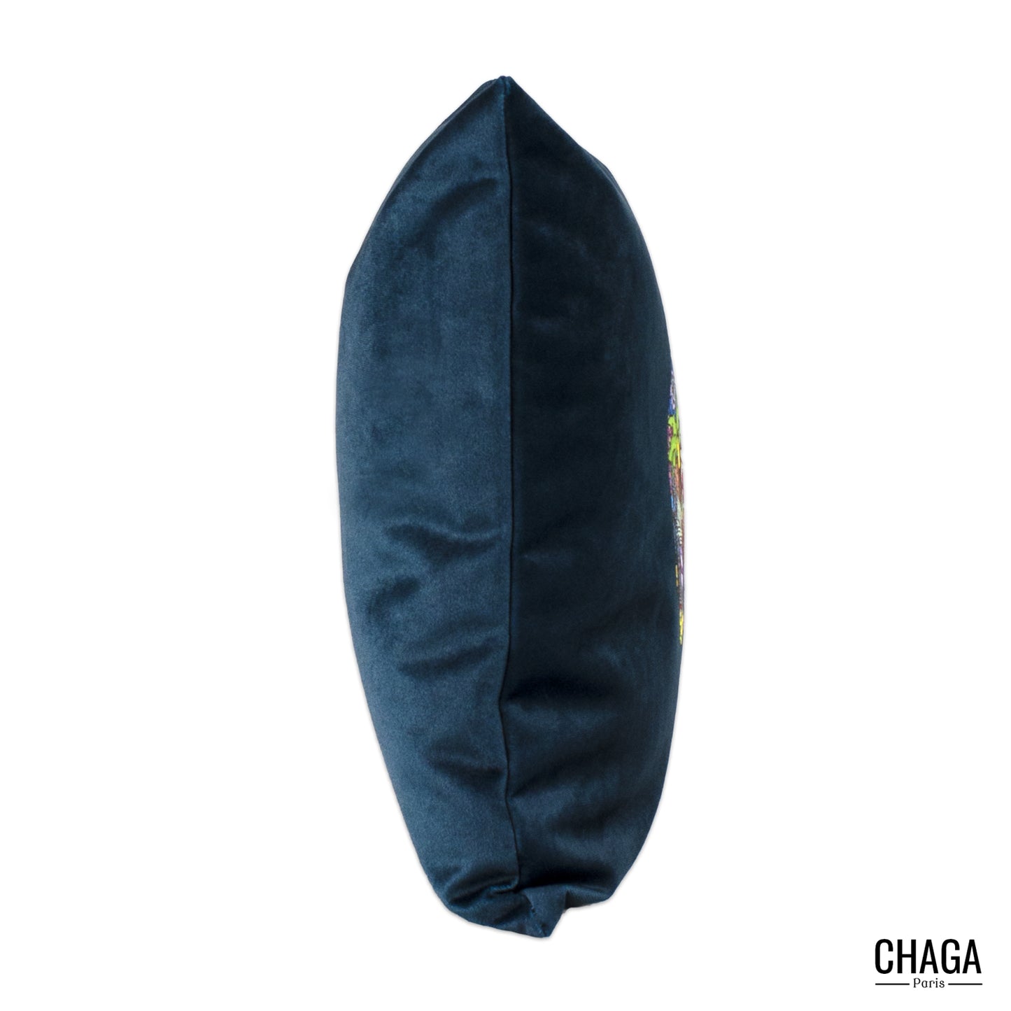 Coussin de créateur en velours CHAGA Paris - Motif Eléphant jungle bleu