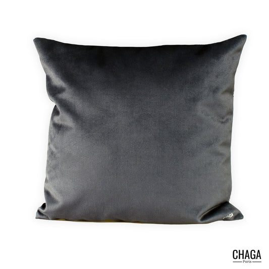 Coussin de créateur en velours CHAGA Paris - Motif Ville noir et blanc et uni gris
