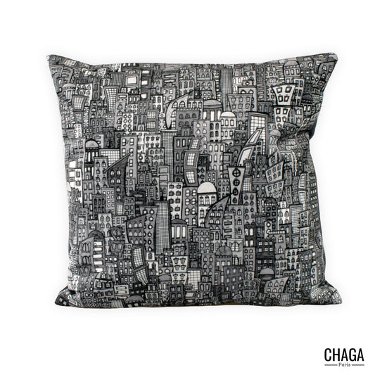 Coussin de créateur en velours CHAGA Paris - Motif Ville noir et blanc et uni gris