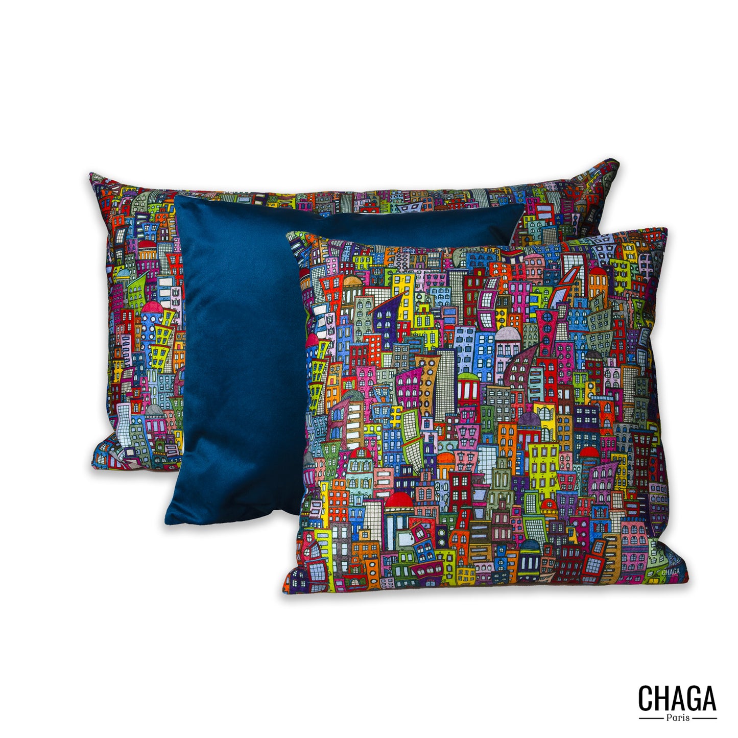 Coussin de créateur en natté brossé CHAGA Paris - Motif ville