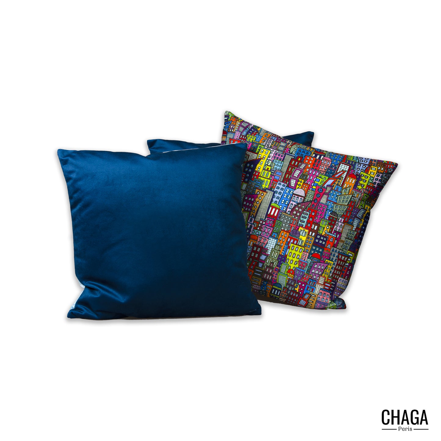 Coussin de créateur en natté brossé CHAGA Paris - Motif ville