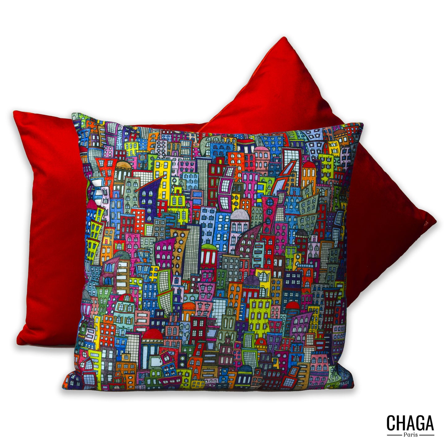Coussin de créateur en velours CHAGA Paris - Motif Rouge et orange