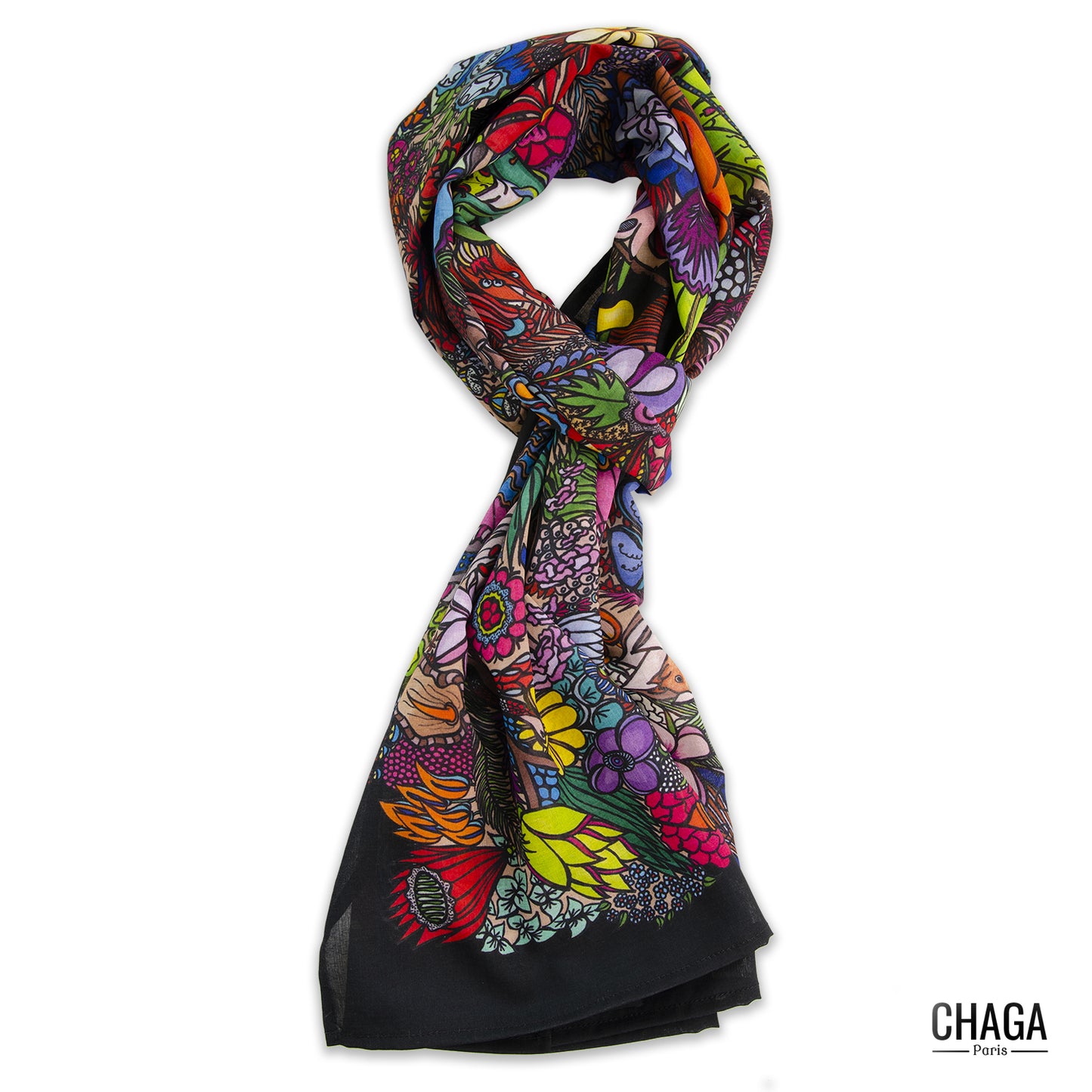 Foulard en voile léger 170 X 70 CHAGA Paris - Motif Jungle noir