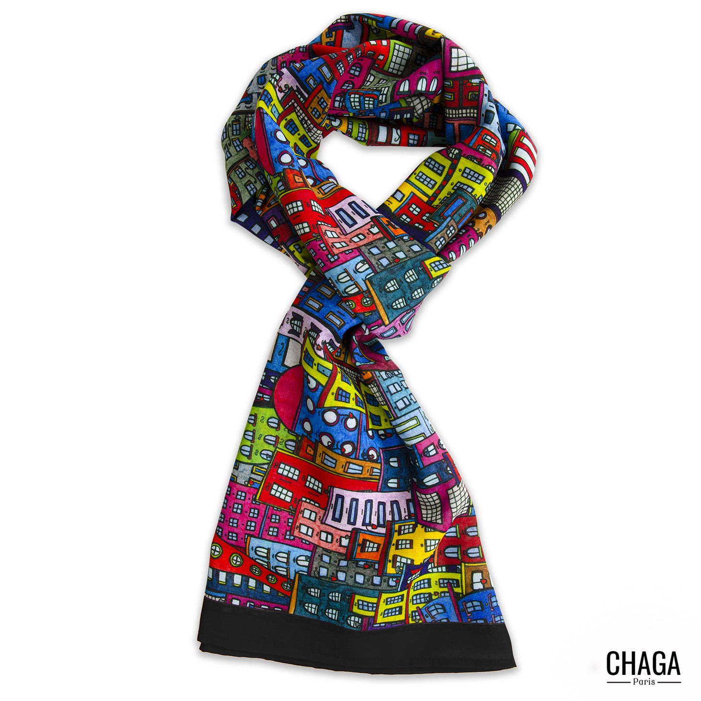 Foulard en voile léger 170 X 70 CHAGA Paris - Motif Ville noir