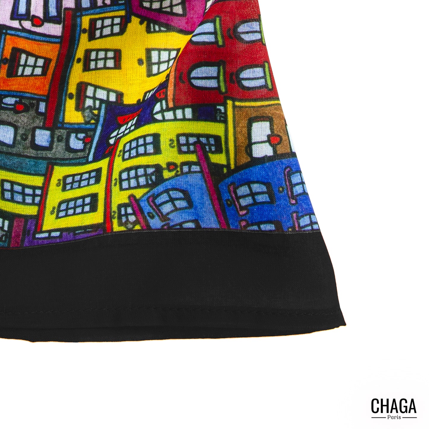 Foulard en voile léger 170 X 70 CHAGA Paris - Motif Ville noir
