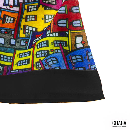 Foulard en voile léger 170 X 70 CHAGA Paris - Motif Ville noir