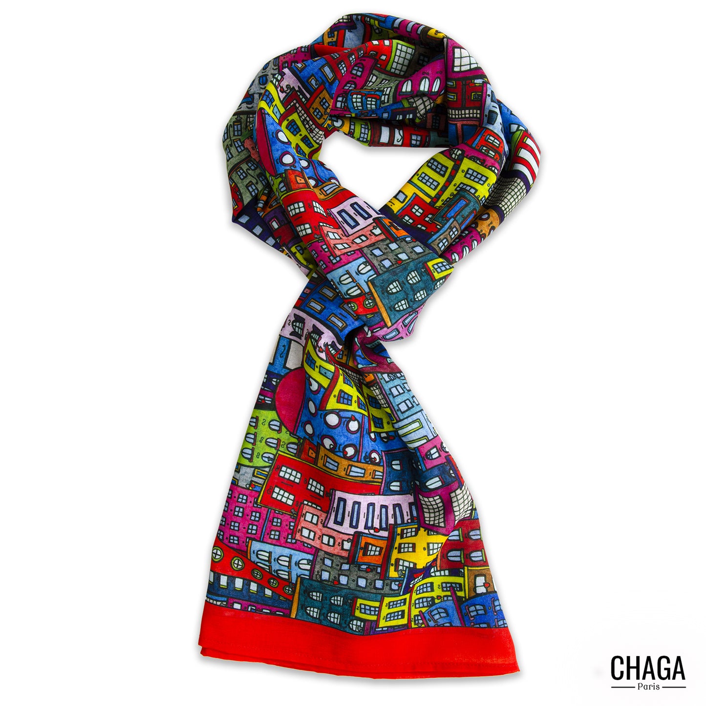 Foulard en voile léger 170 X 70 CHAGA Paris - Motif Ville rouge