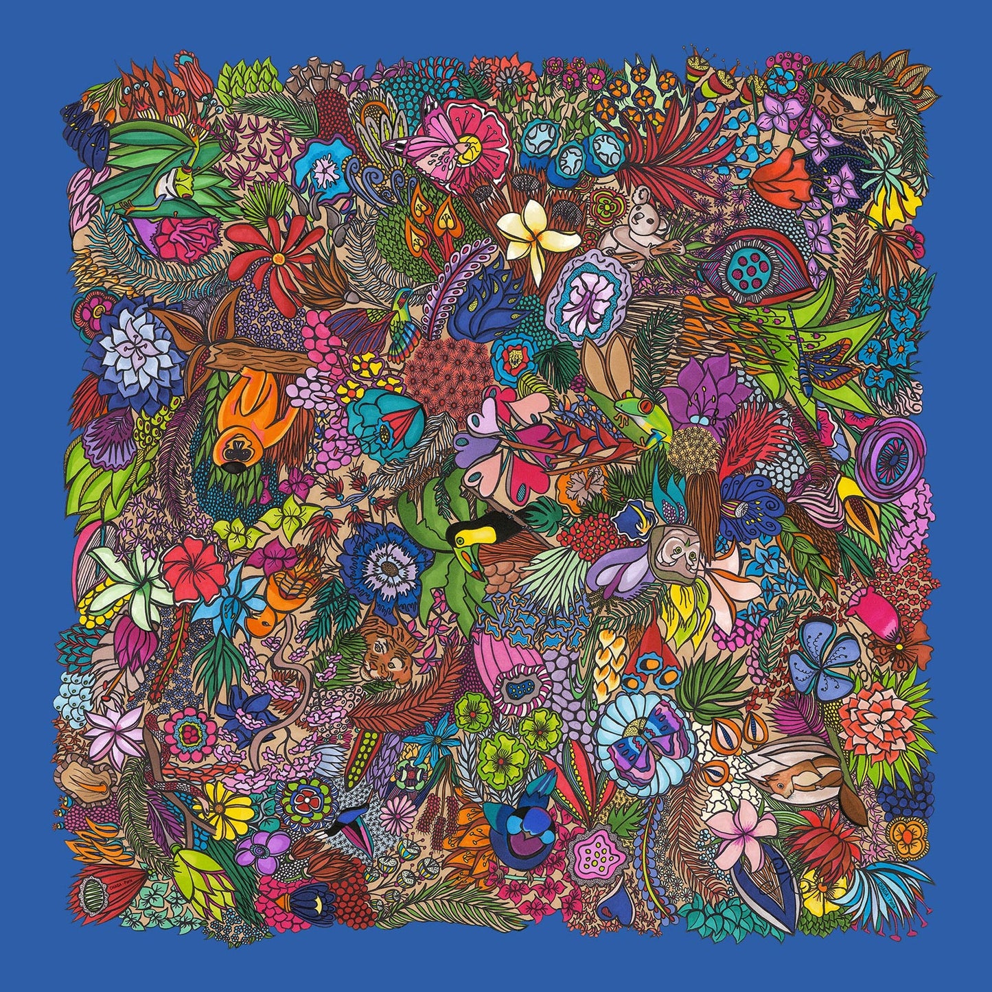 Foulard en voile léger 47 X 47 CHAGA Paris - Motif Jungle bleu jeans