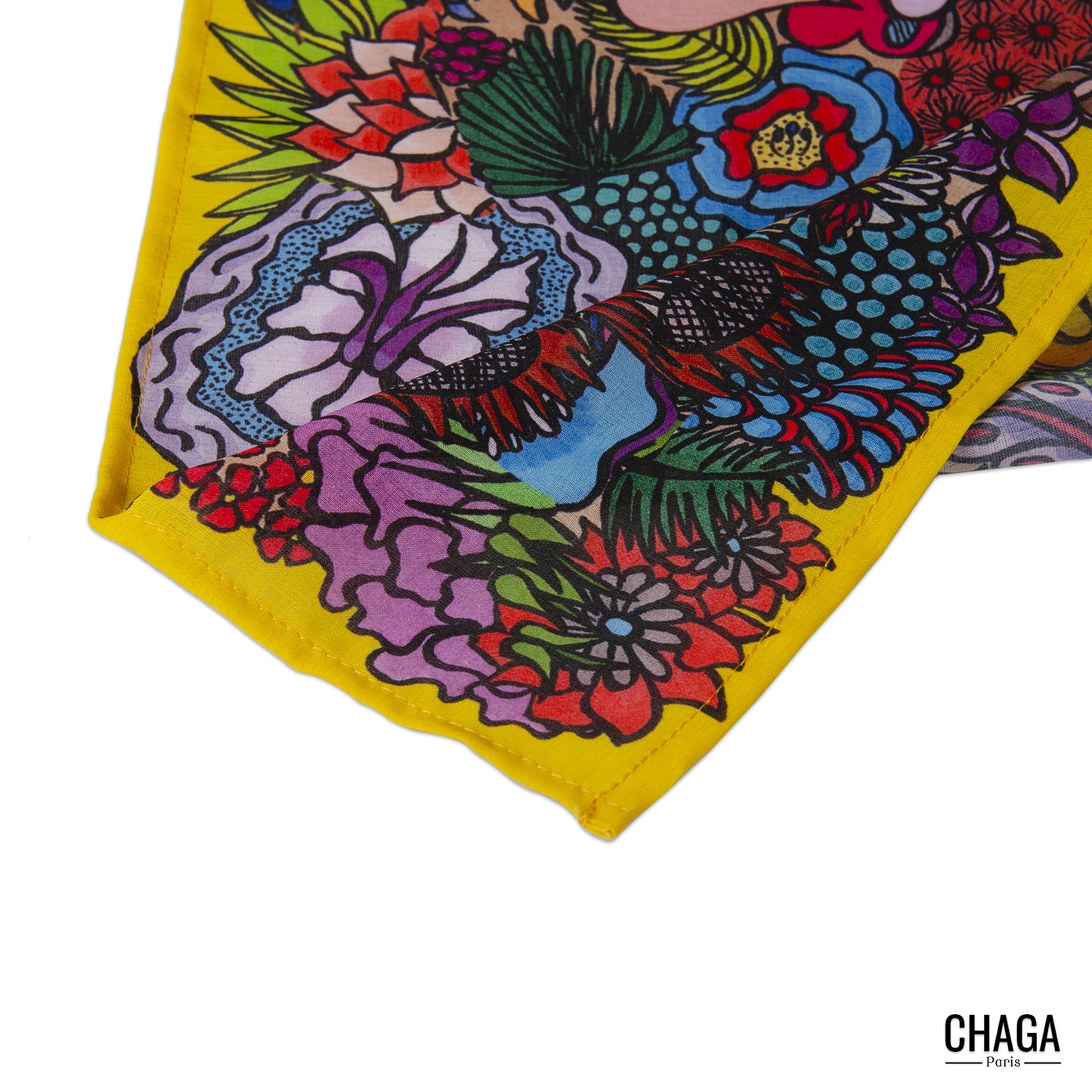 Foulard en voile léger 47 X 47 CHAGA Paris - Motif Colibri jaune
