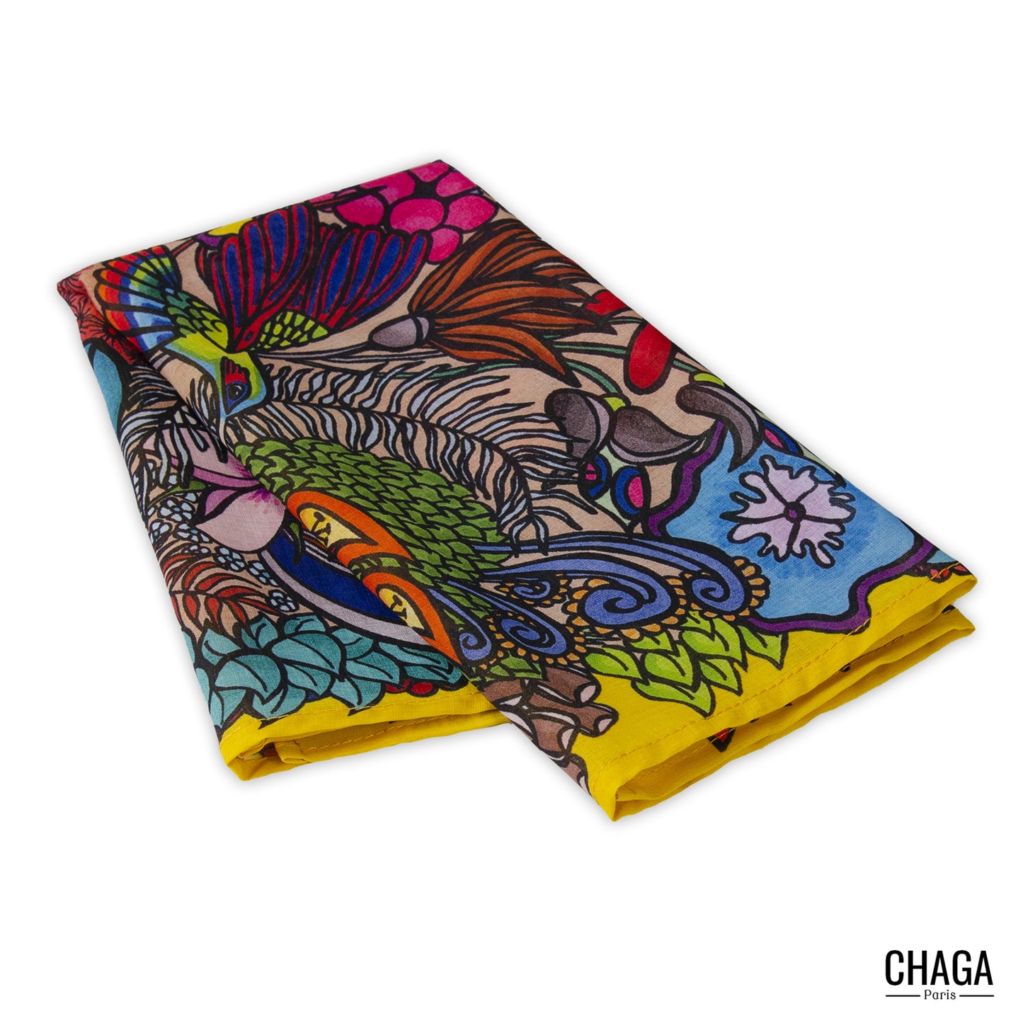 Foulard en voile léger 47 X 47 CHAGA Paris - Motif Colibri jaune