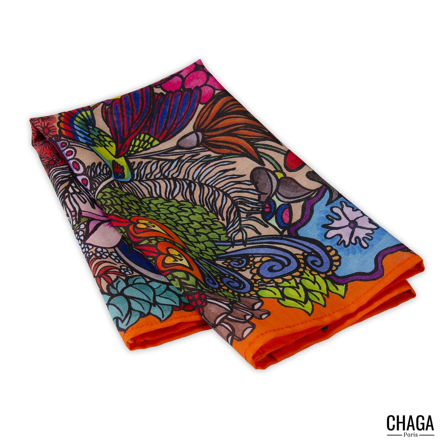 Foulard en voile léger 47 X 47 CHAGA Paris - Motif Colibri orange