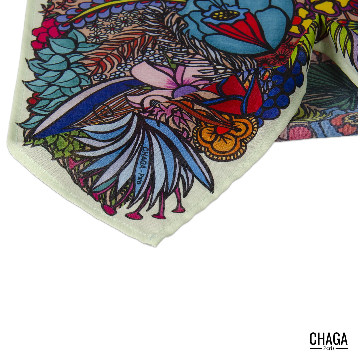 Foulard en voile léger 47 X 47 CHAGA Paris - Motif Colibri vert d'eau