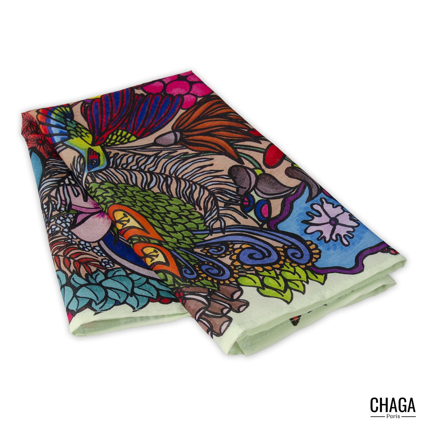 Foulard en voile léger 47 X 47 CHAGA Paris - Motif Colibri vert d'eau
