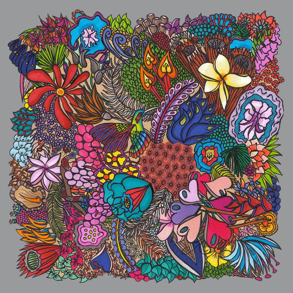 Foulard en voile léger 47 X 47 CHAGA Paris - Motif Colibri gris