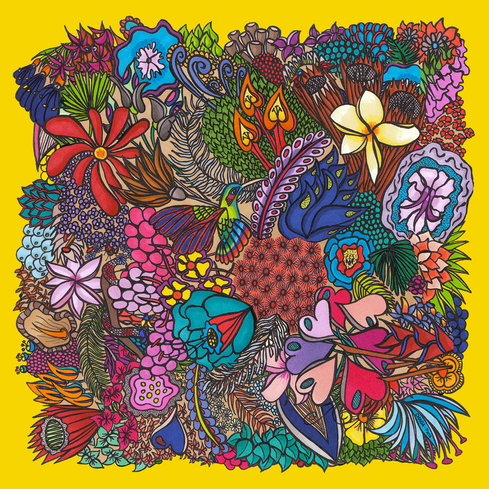Foulard en voile léger 47 X 47 CHAGA Paris - Motif Colibri jaune
