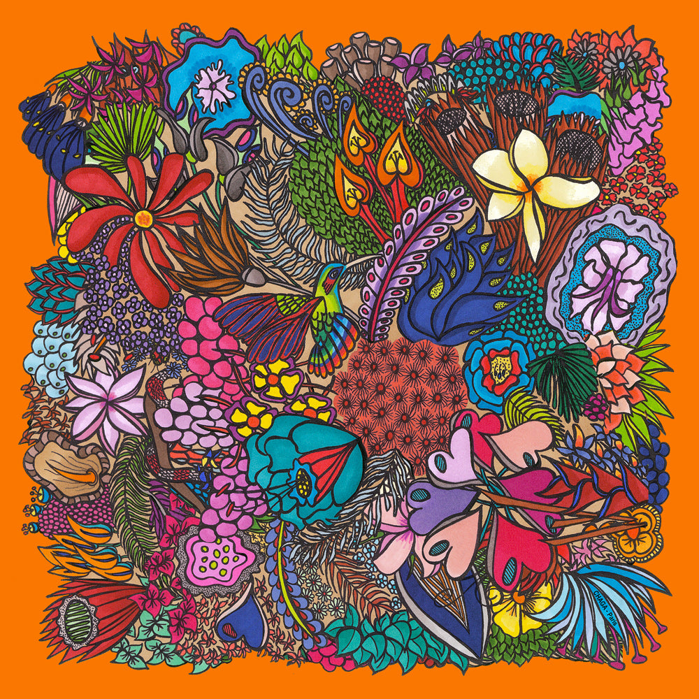 Foulard en voile léger 47 X 47 CHAGA Paris - Motif Colibri orange