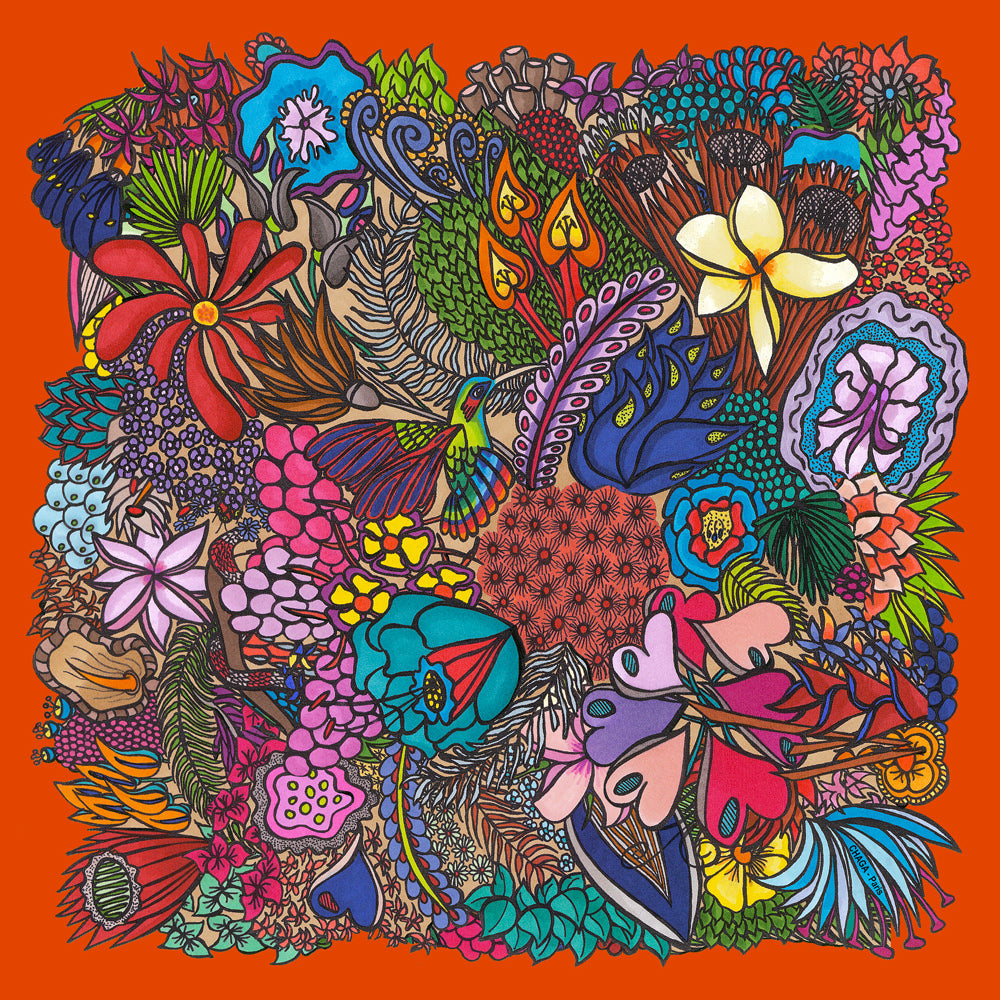 Foulard en voile léger 47 X 47 CHAGA Paris - Motif Colibri rouge