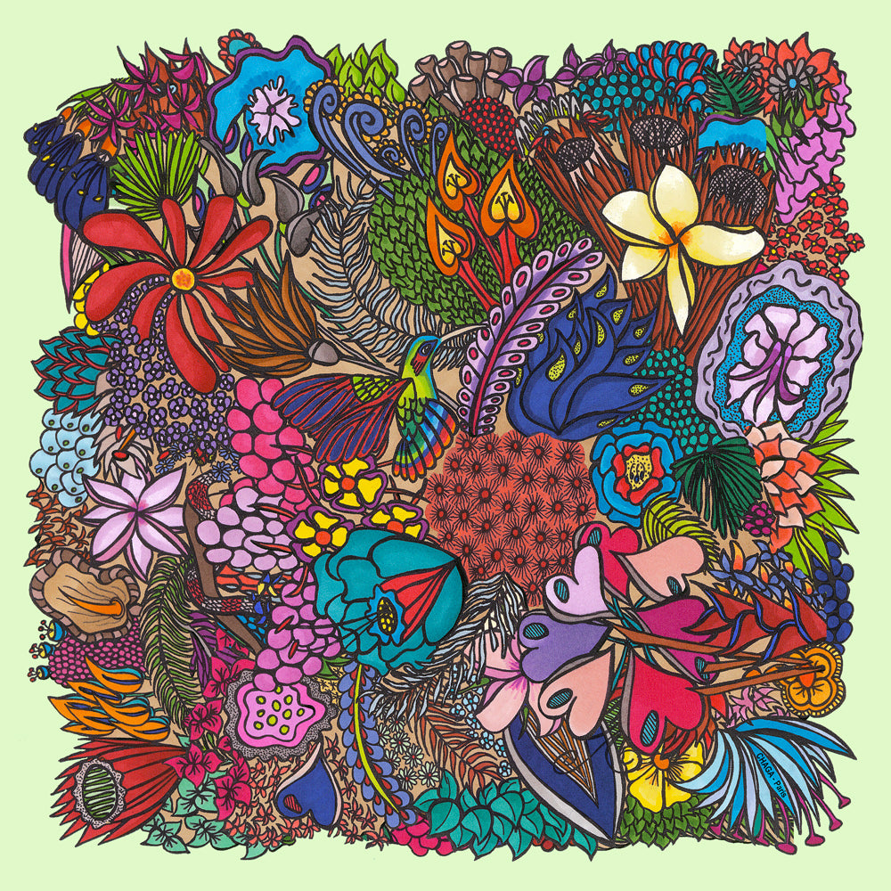 Foulard en voile léger 47 X 47 CHAGA Paris - Motif Colibri vert d'eau