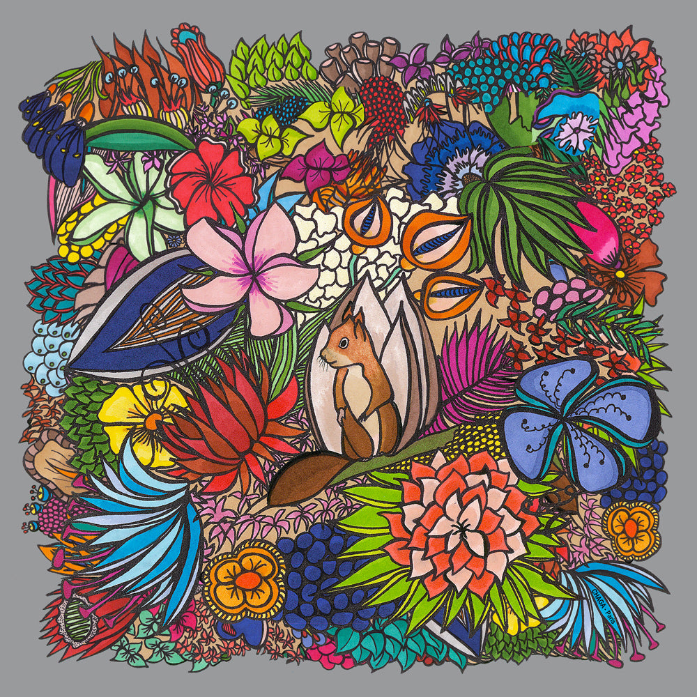 Foulard en voile léger 47 X 47 CHAGA Paris - Motif Ecureuil gris