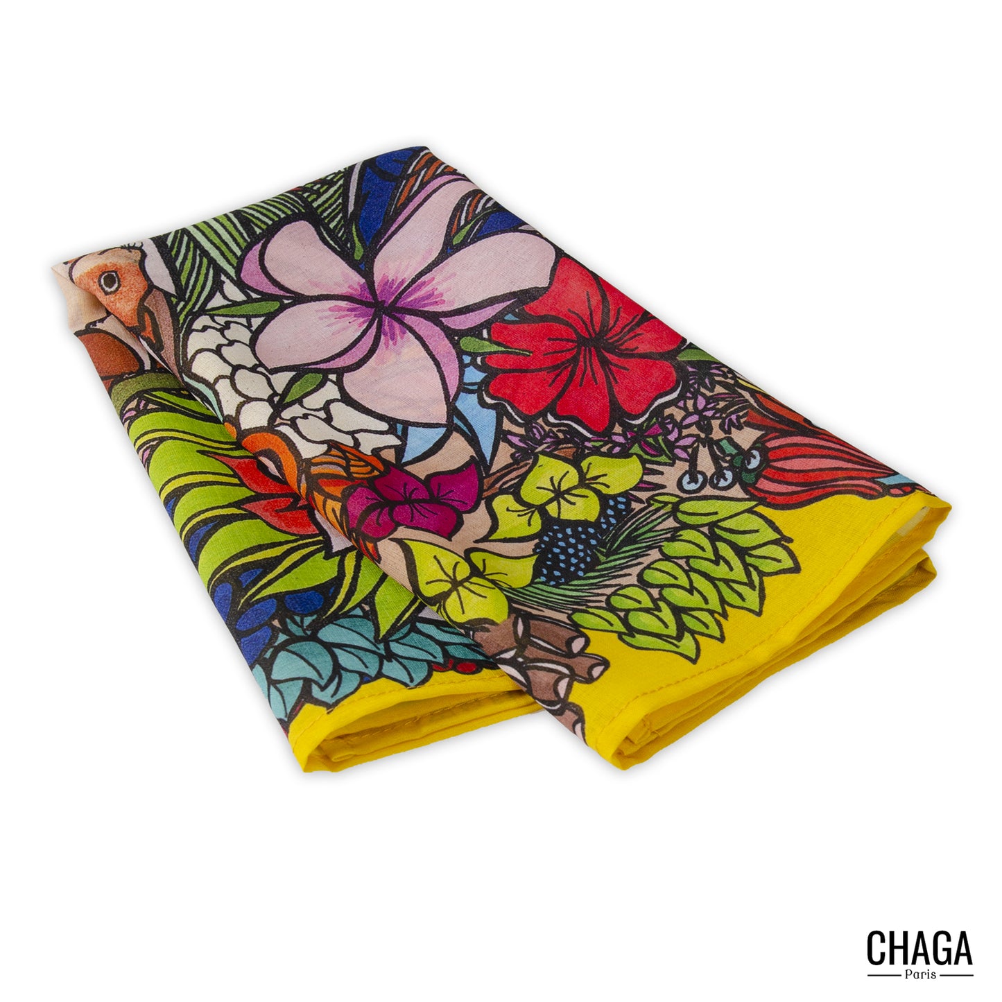 Foulard en voile léger 47 X 47 CHAGA Paris - Motif Ecureuil jaune
