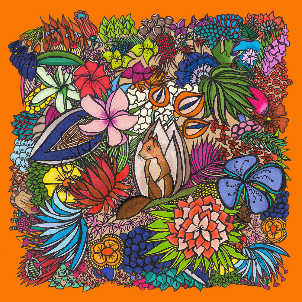 Foulard en voile léger 47 X 47 CHAGA Paris - Motif Ecureuil orange
