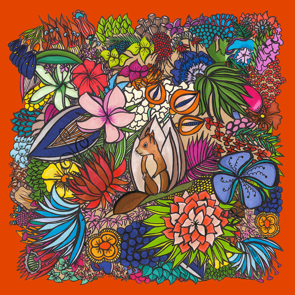 Foulard en voile léger 47 X 47 CHAGA Paris - Motif Ecureuil rouge