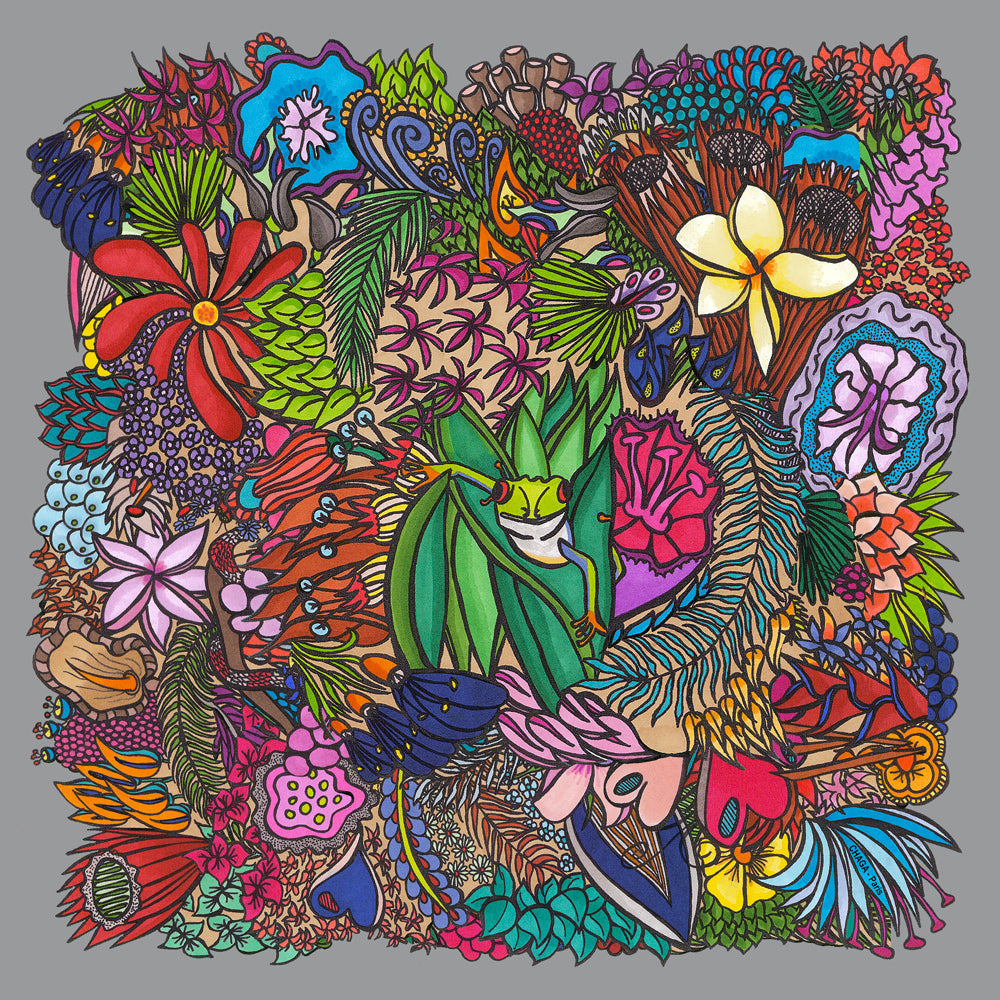 Foulard en voile léger 47 X 47 CHAGA Paris - Motif Grenouille grise
