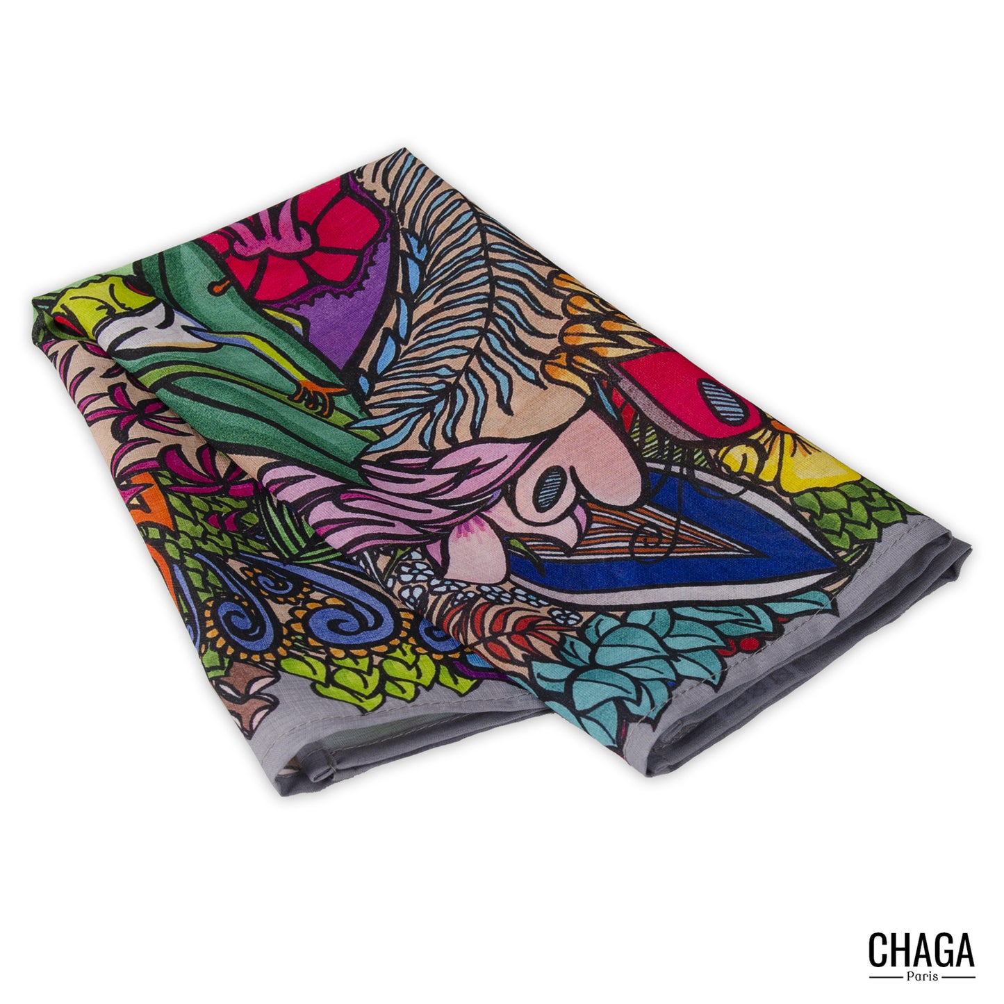Foulard en voile léger 47 X 47 CHAGA Paris - Motif Grenouille grise