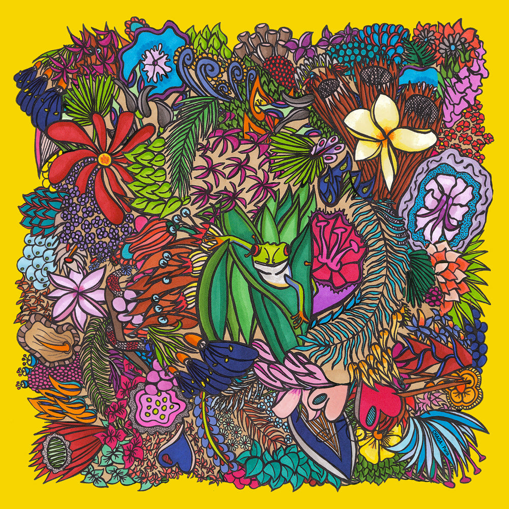 Foulard en voile léger 47 X 47 CHAGA Paris - Motif Grenouille jaune