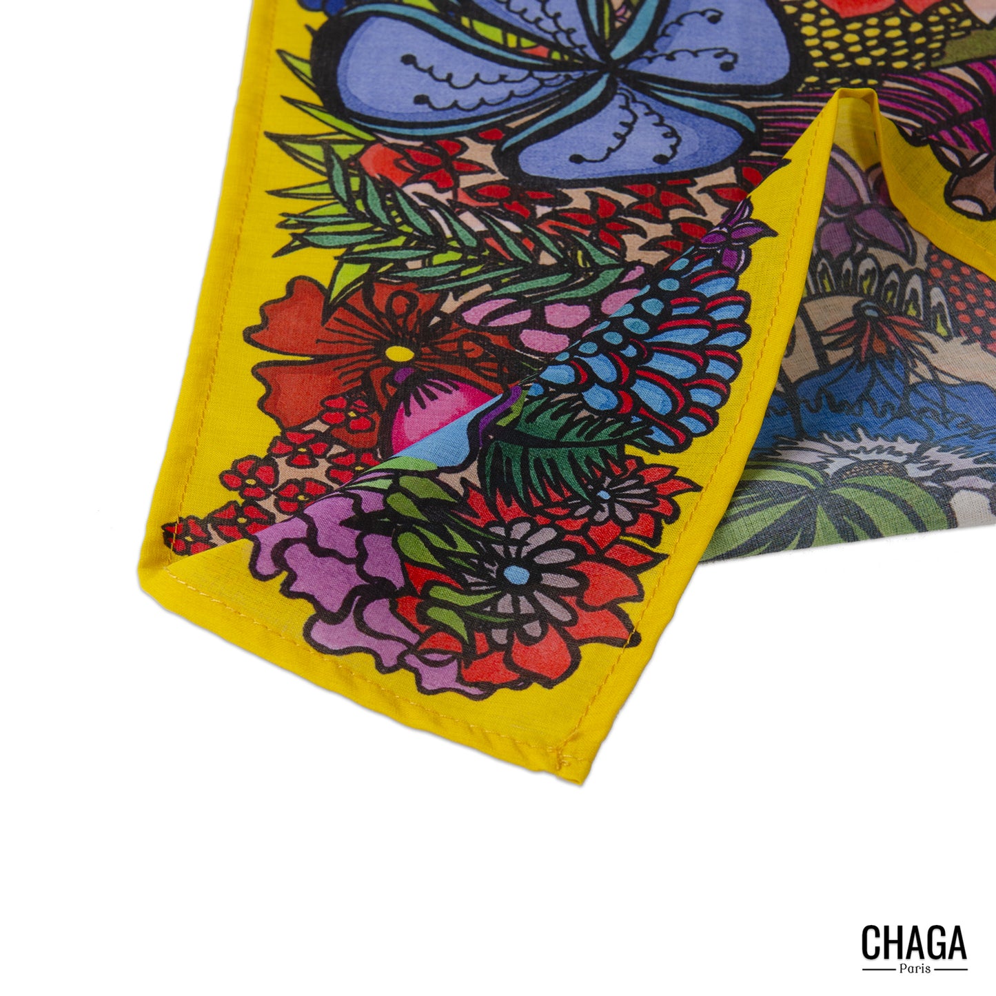 Foulard en voile léger 47 X 47 CHAGA Paris - Motif Grenouille jaune