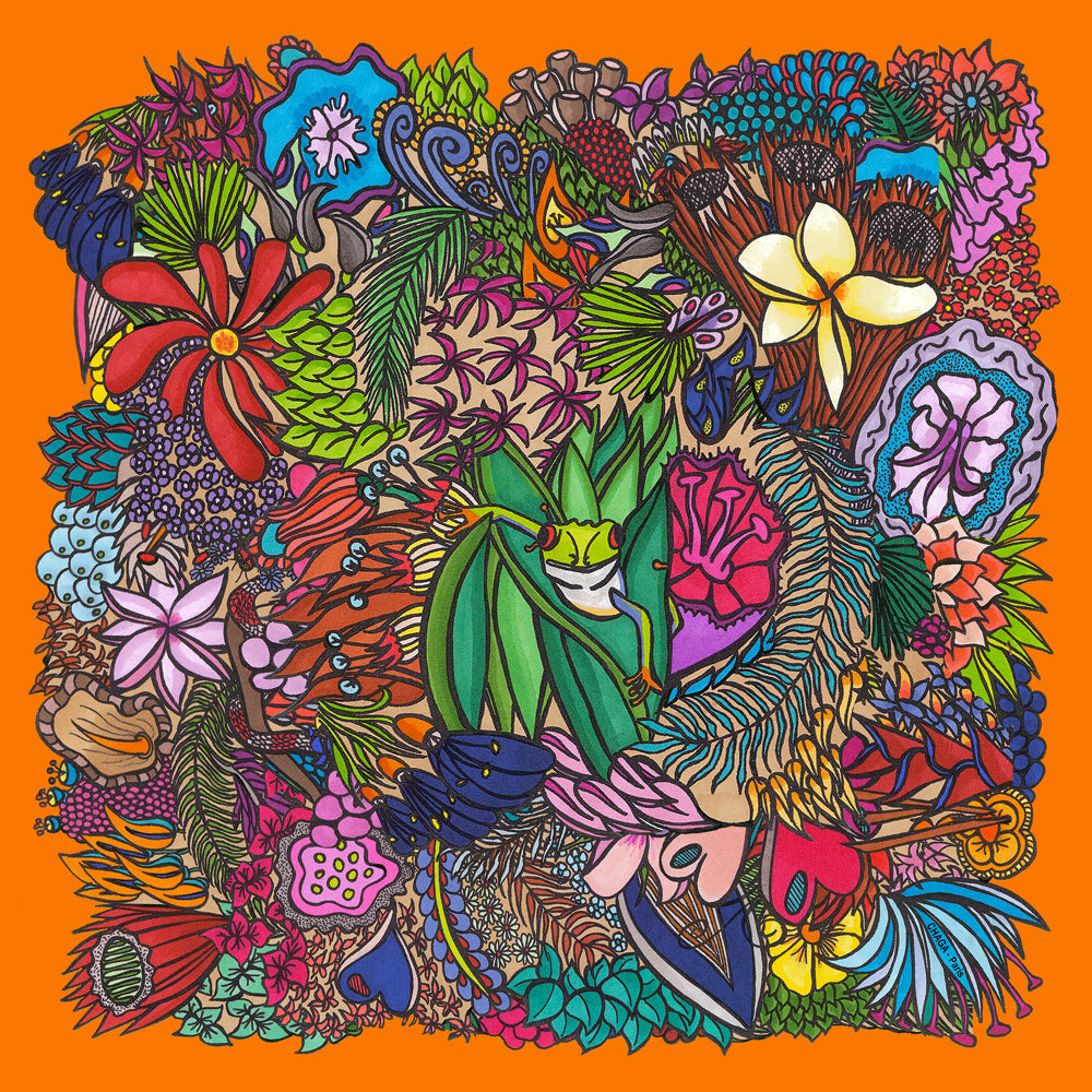 Foulard en voile léger 47 X 47 CHAGA Paris - Motif Grenouille orange