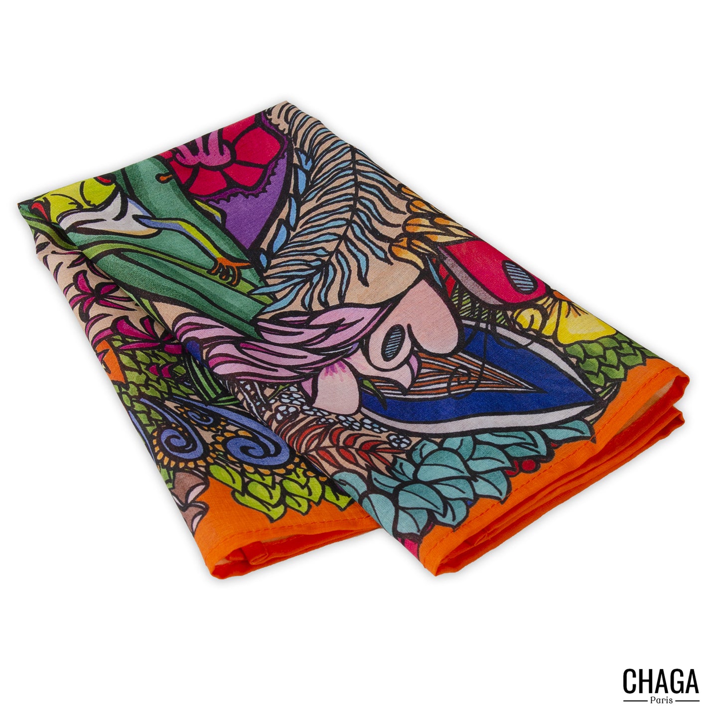 Foulard en voile léger 47 X 47 CHAGA Paris - Motif Grenouille orange
