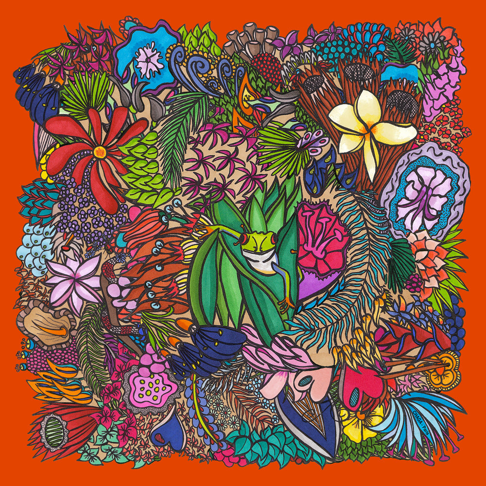 Foulard en voile léger 47 X 47 CHAGA Paris - Motif Grenouille rouge