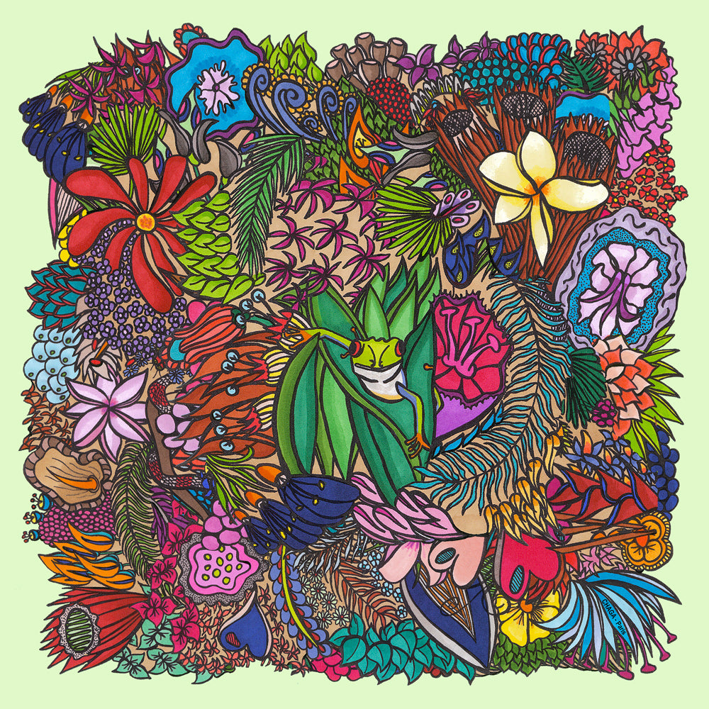 Foulard en voile léger 47 X 47 CHAGA Paris - Motif Grenouille vert d'eau